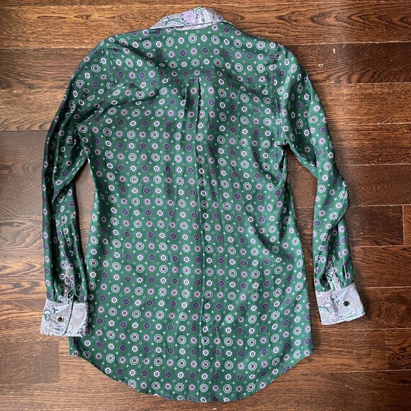 Jennifer Chun 100% Silk Emerald Green Print Shirt Blouse-Size 2 - Picture 4 of 9
